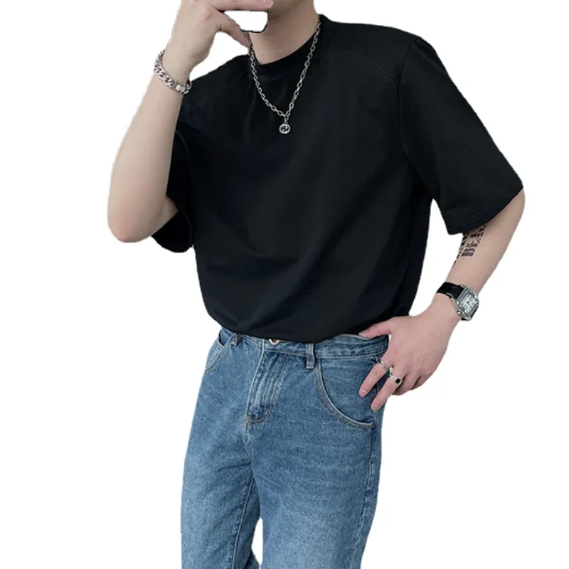 Korean Summer Shoulder Pad T-shirt för män Kort ärm Loose Casual T-shirts Round Neck Hip-Hop Streetwear Social Tee Tops 2023
