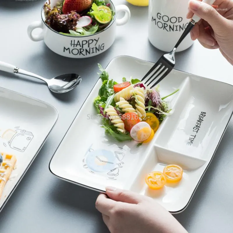 Plakalar Nordic Dikdörtgen Seramik Yemek Tabağı Karikatür Porselen Sır Kahvaltı Biftek Meyve Tatlı Tepsisi Bebek Atıştırmalık Yemekleri