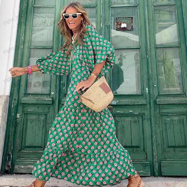 Boho Floral Print Maxi Dress With Puff Sleeves And V Neck Boho Floral Print Maxi Dress With Puff Sleeves And V Neck