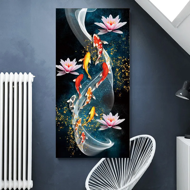 Moderna Koi Fish Carp Lotus Pond Immagini Tela Pittura Astratta Poster e Stampe Cuadros Immagini di arte della parete per la decorazione domestica