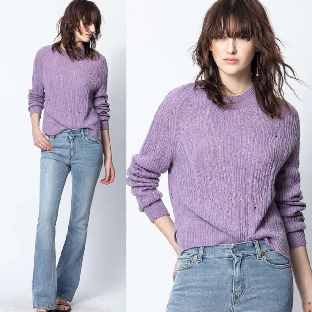 23 Kvinnors stickor Tees Autumn and Winter New French Minority Zadig Voltaire Women's Hook Flower Hollow Cashmere Solid Color Purple Split tröja