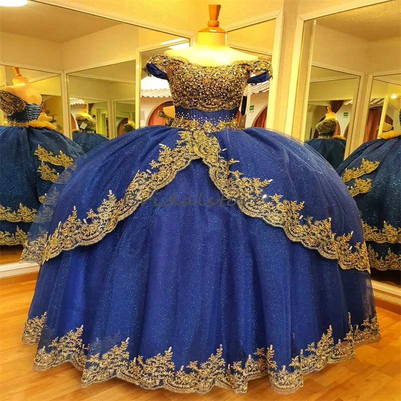Blue Quinceanera Ball Gown - Gold Appliques, Off-Shoulder Sweet Sixteen  Dress. Shop Now! from Dhgate Quinceanera Dresses - price 169.86