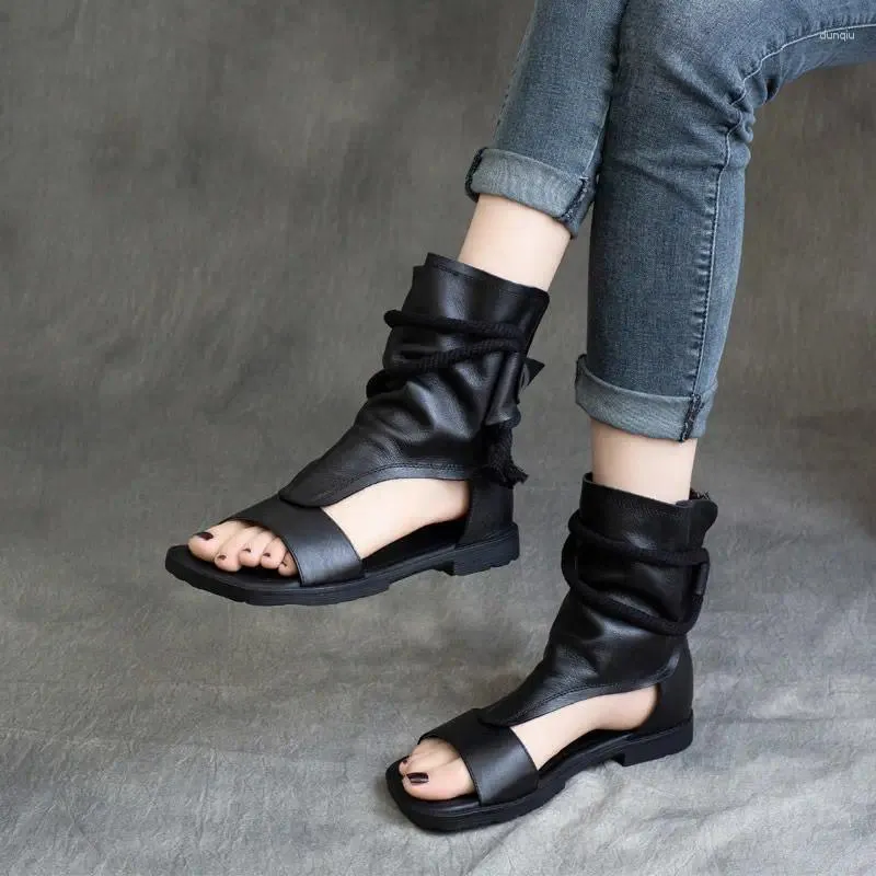 Birkuir Open Tooe Sandals High Top Boots for Women Summer Hollow Out Beach本物の革のフラットレディース73078 290