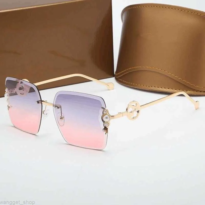 Summer Fashion woman designer sunglasses Square Frameless Art Pearl Embellished Gold Metal Temples Premium Texture Simple Elegant sun glass