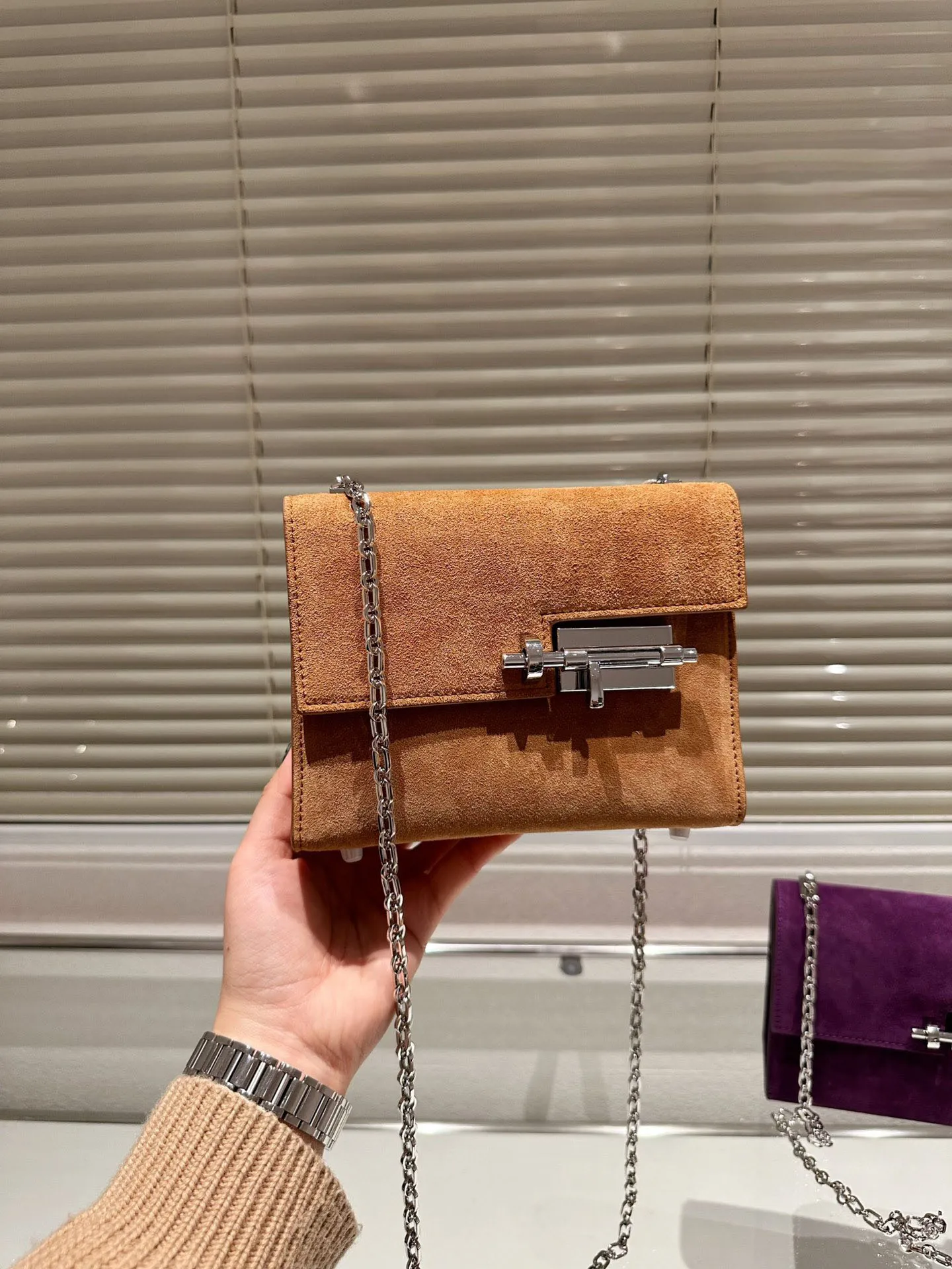 Velvet Designer Purple Shoulder Bag With Latch Lock Classic Crossbody