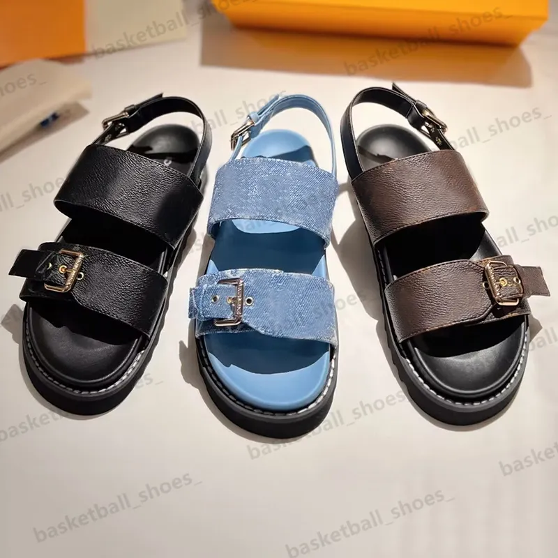 2023 Damen Plateau Sandalen Damen Slipper Slides Waterfront Schwarz Blau Leder Sandale High Heels Große Schuhe Größe 35-43