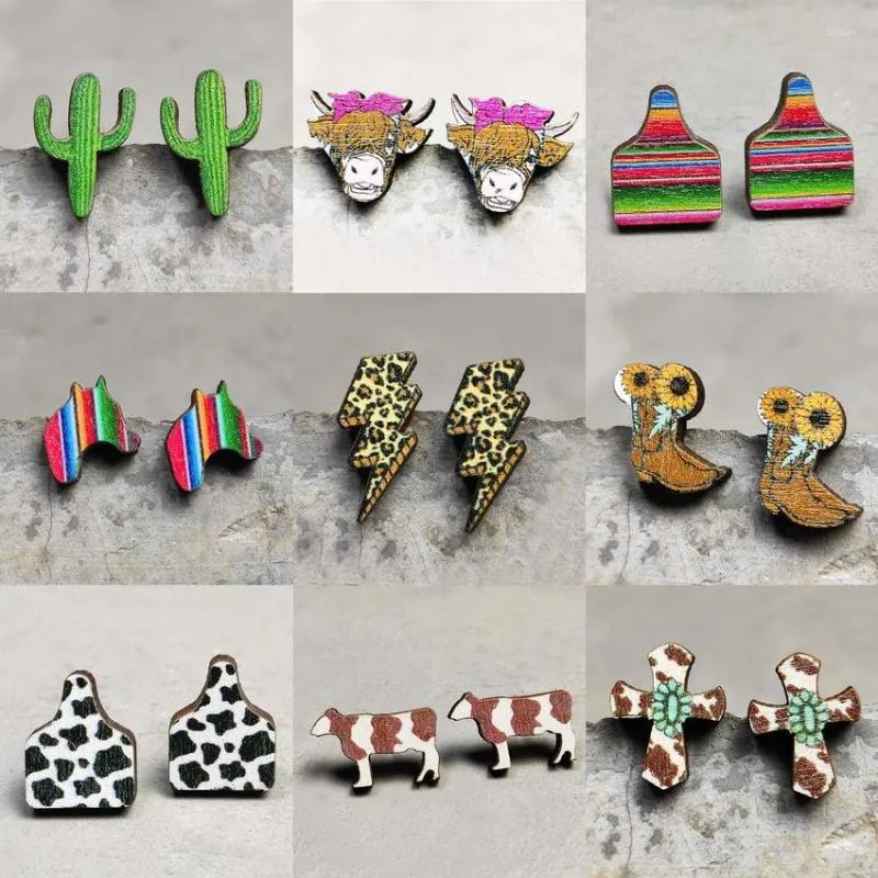 Stud Earrings Cute Mini Wooden Cactus Cattle Animal Western For Women Cowgirl Wood Cow Tag Boot Jewelry Wholesale
