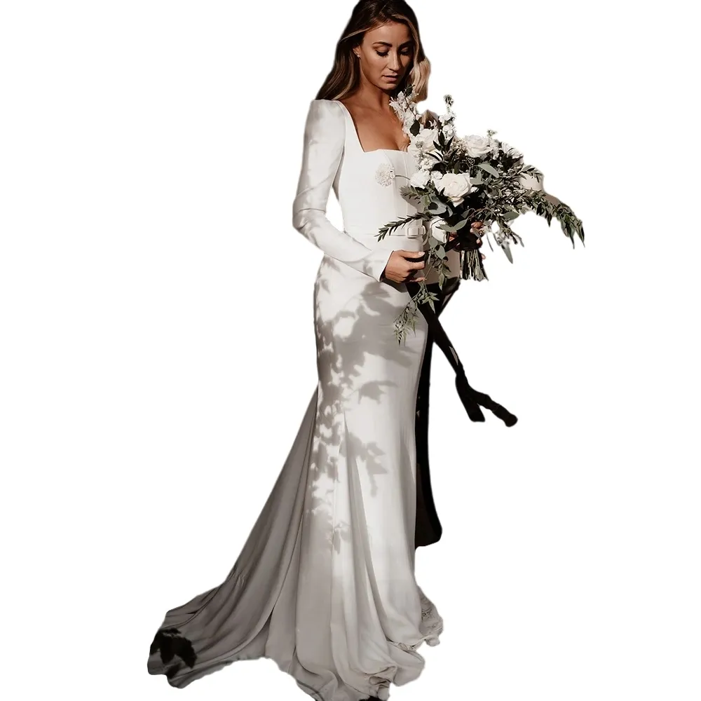 Robes De Mariage À Manches Longues Robe Nuptiale Crêpe A Line: Cou