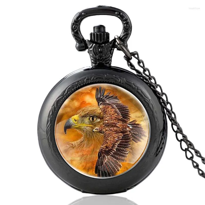Pocket Watches Aankomst Soaring Eagle Design Zwart Vintage Quartz Kijk mannen vrouwen fob hang kettinguren klokcadeaus