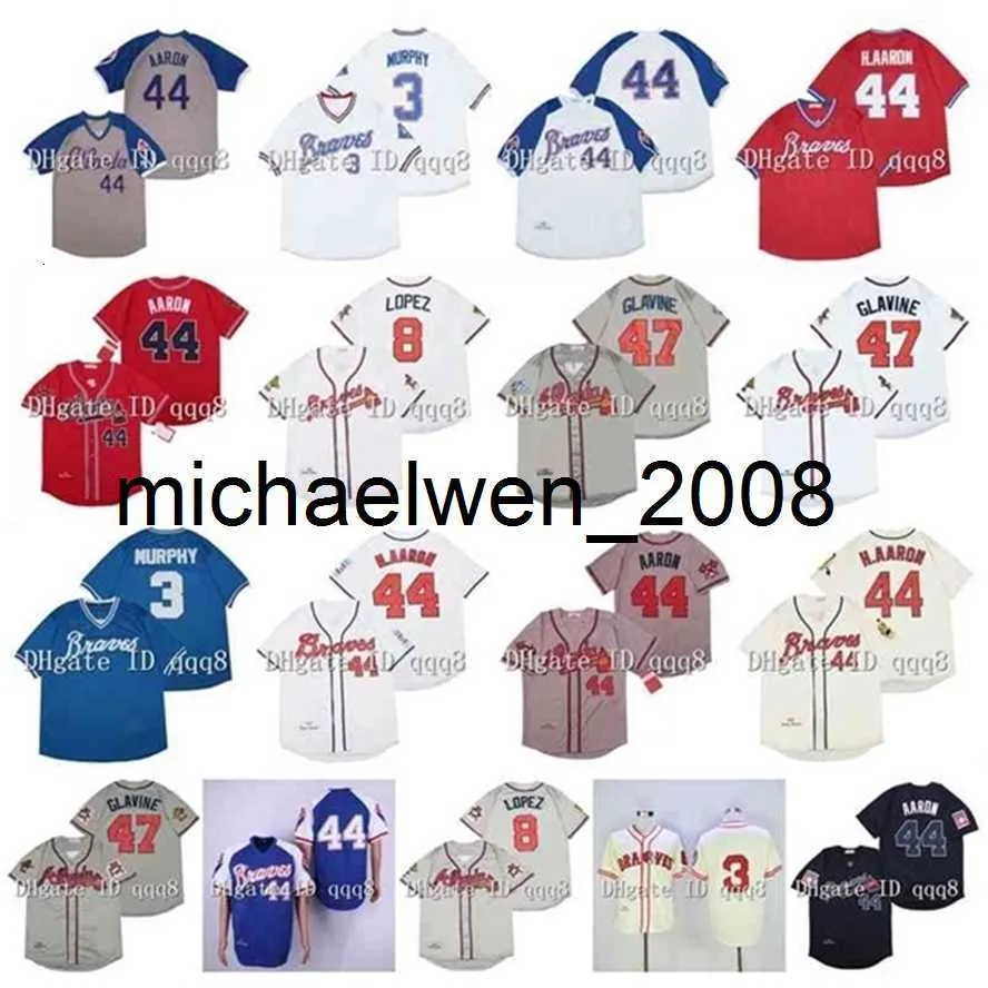 Vintage Baseball Jersey 3 Dale Murphy 8 Javy Lopez 44 Hank Aaron 47 Tom Glavine White Grey Retro Jersey