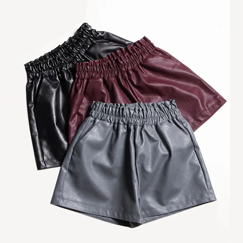 Damen-Shorts, elastisch, hohe Taille, lose Leder-Shorts, Damen-Shorts im britischen Stil, weites Bein, schwarz, modisch, Herbst und Winter, Damen 230412