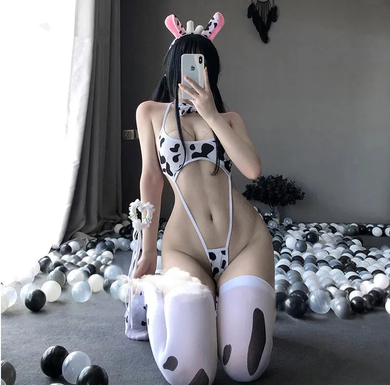 Sexy Set Kawaii Cosplay Cow Print Mini Backless Micro Bikini Jumpsuit Erotic Sex Costumes Bodysuit for Women Lingerie 230411