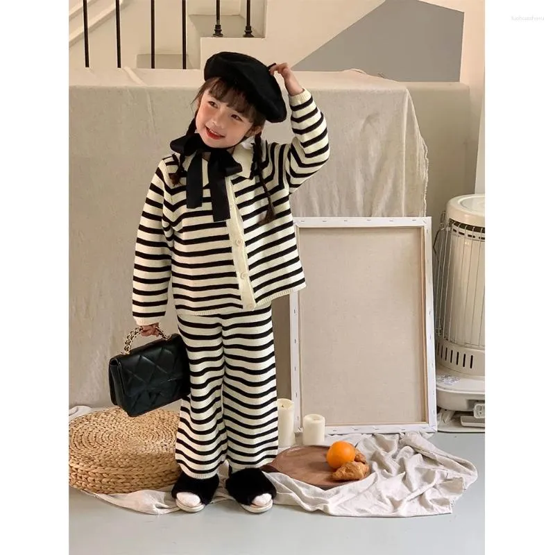 Clothing Sets Kids Girls Warm Knitting Lapel Collar Long Sleeve One Breasted Coat High Waist Striped Straight Pants 2pcs Suits