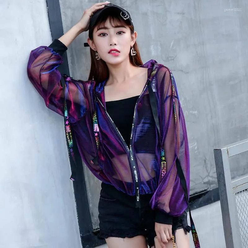 Jackets femininos Casaco transparente Mulheres Harajuku Casacos e jaqueta Streetwear Windbreaker 2023 Ribbon Loose Baseball Uniform Summer Qt72