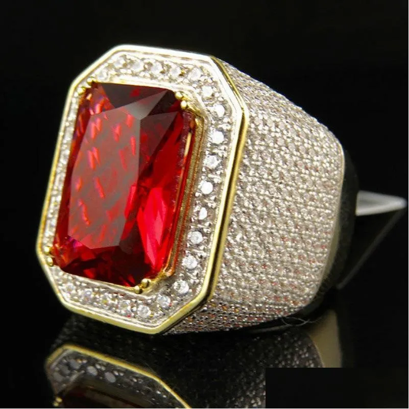 Solitaire Ring Mens Hip Hop Jewelry High Quality Ruby Gemstone Diamond Fashion Iced Out Gold Punk Rings Drop Delivery Dhgarden Ot0Kz