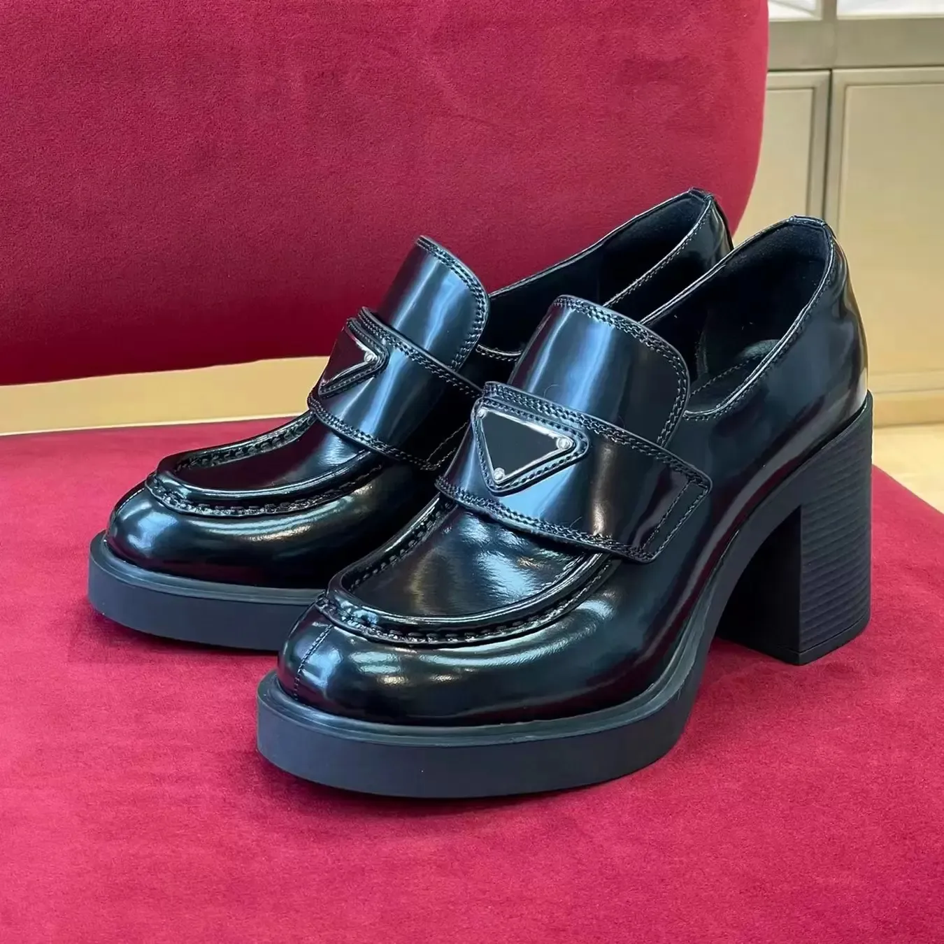High quality pattern Fashion Dress Shoes women wedding party quality leather 80MM high heel flat Shoe business formal loafer social chunky With
