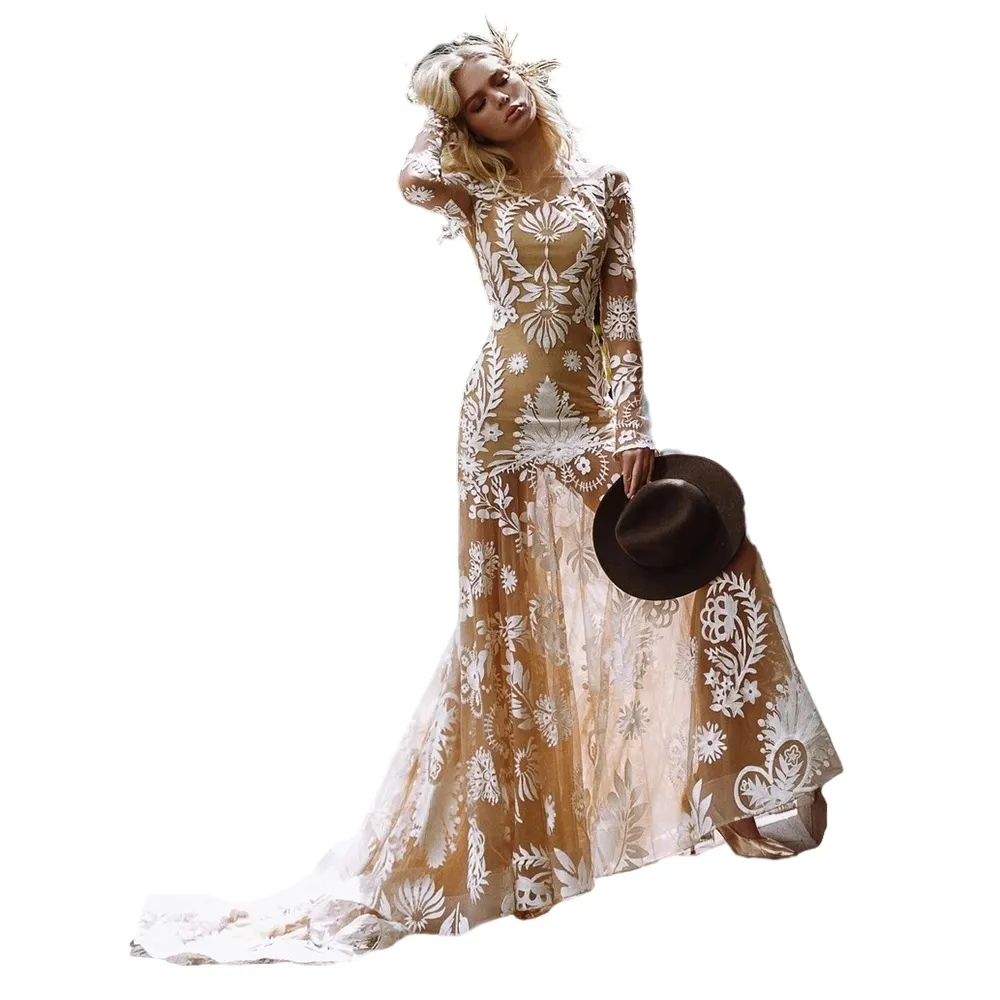 Robes De Mariée Gitane Sirène En Dentelle À Manches Longues Robes