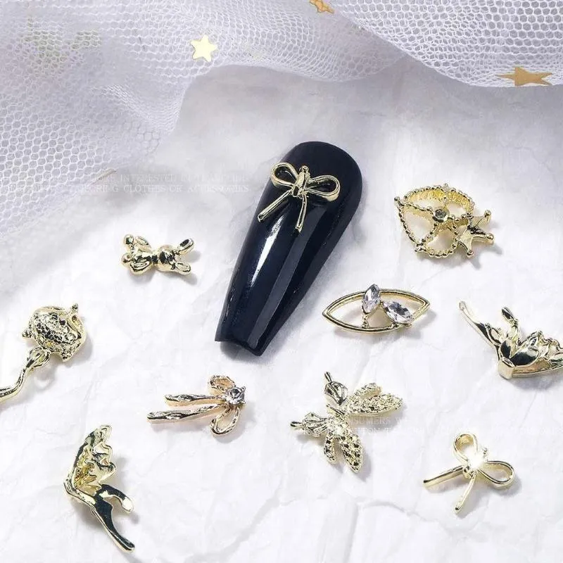 Nail Art Decorations 2023 Accessories 3D Diamonds Golden Wings Bow Crown Rhinestones