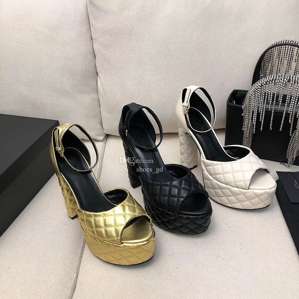 Bulk Gold High Heels Embroidered Check Platform Sandals: Chunky