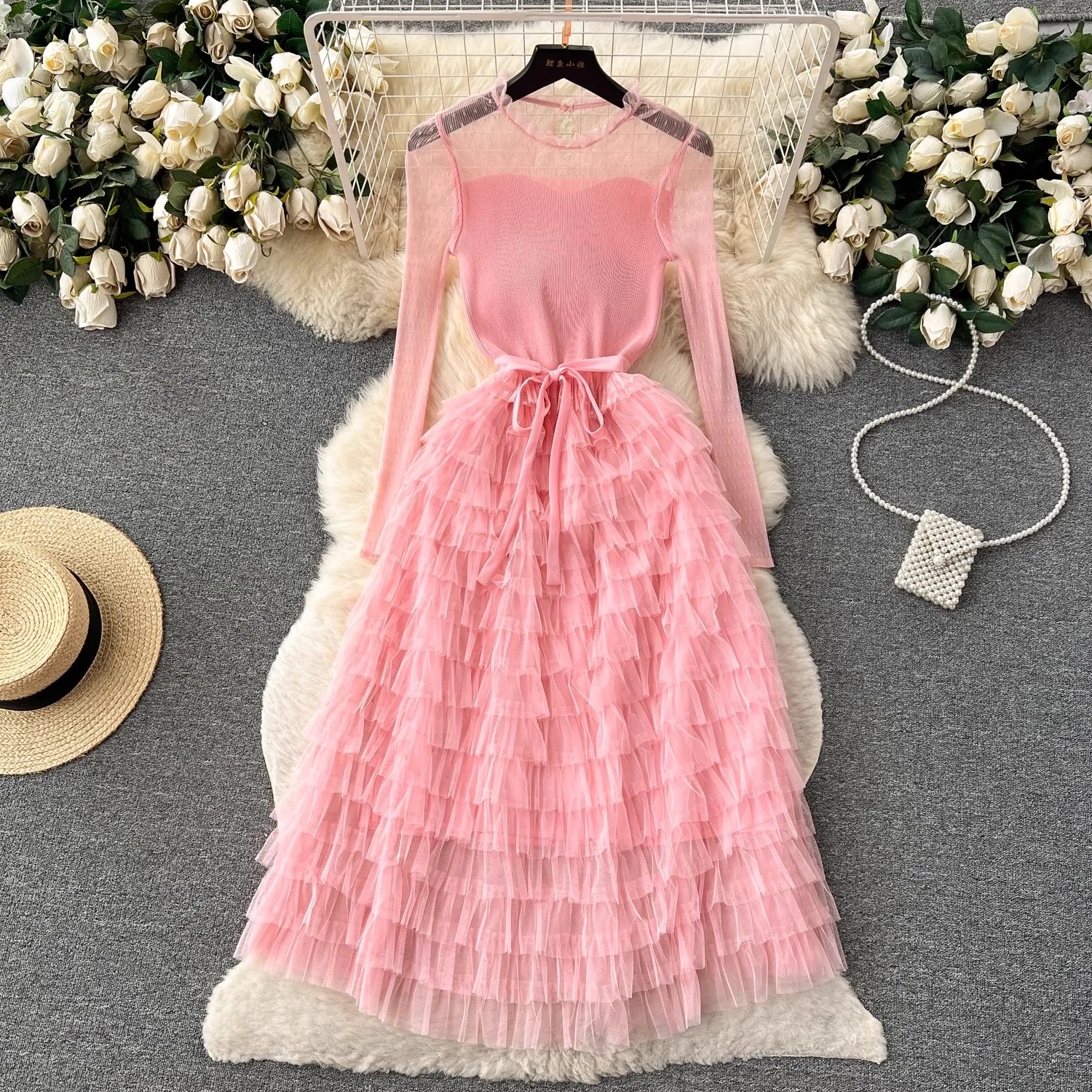 knee length dresses for ladies Everly Pink Printed Mesh Midi Dress