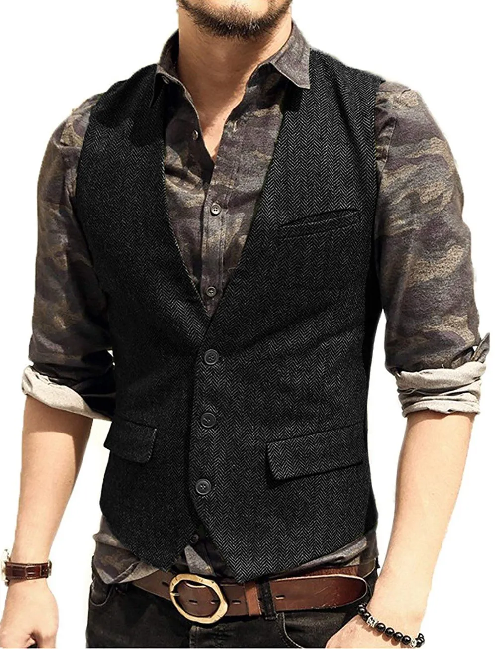 Men's V-Neck Suit Vests Fashion Formal Slim Fit Business Herringbone Dress Waistcoat for Tuxedo Wedding Party 230412_voghion.com