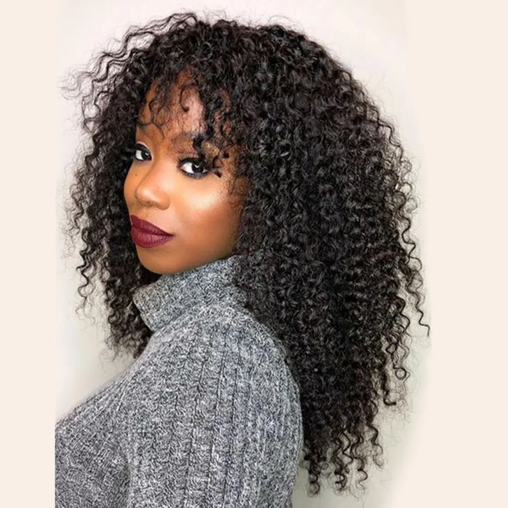 250 Density Remy Brazilian Short Curly Wig With Bangs Human Hair Afro Kinky Curly Wig Highlight Glueless Full Synthetic None Lace Front Wig