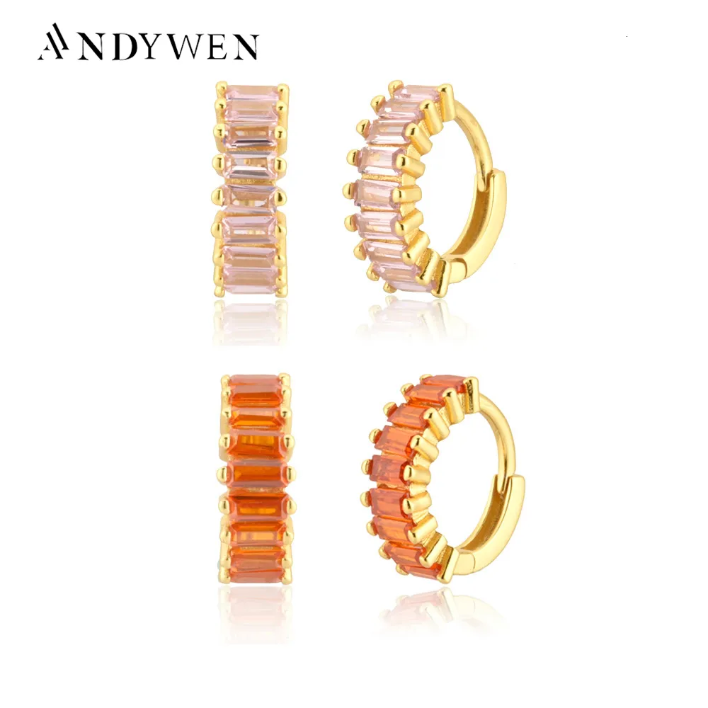 Hoop Huggie ANDYWEN 100% 925 Sterling Silver Gold Pink Orange Zircon Blue Hoop Piercing Loops Circle Dangle Earring For Women Gift 230412