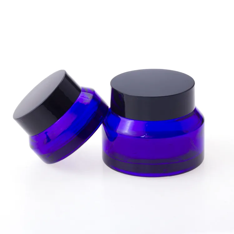 Refillable Glass Cosmetic Cream Jars 15g 30g 50g With Black Cap Blue Lotion Bottles Wholesale