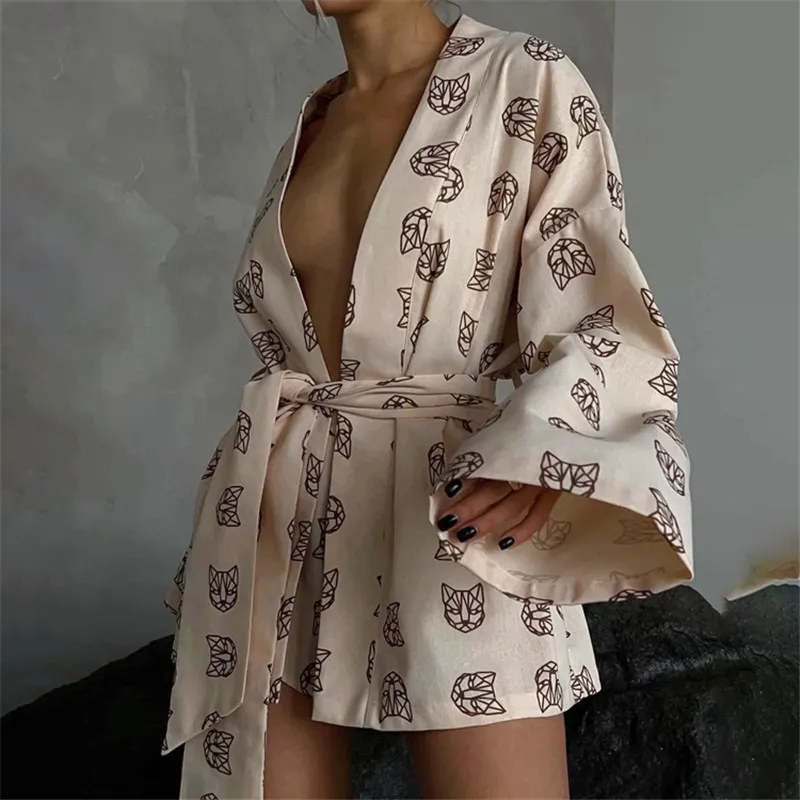 Femmes vêtements de nuit mode pyjamas imprimer 2 pièces ensembles femmes tenues décontracté à lacets à manches longues Robes Shorts ensemble Homewear 2023
