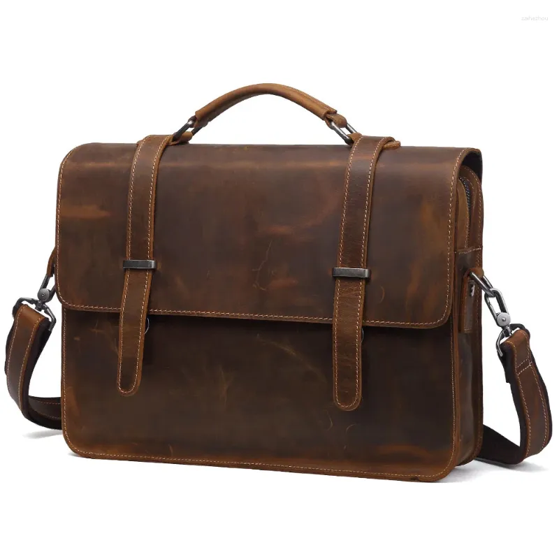 Porte-documents Mode Simple Business Hommes Porte-documents Sac à main Crazy Horse Véritable Sac d'ordinateur portable en cuir Casual Homme Fourre-tout Voyage Messenger