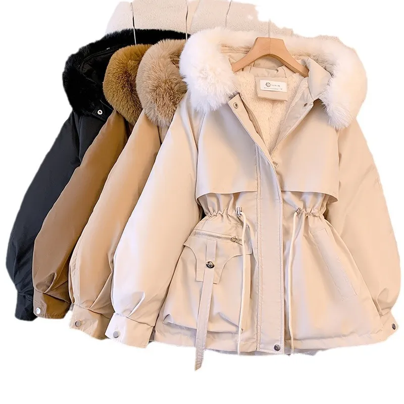 Parka frauen Winter 2023 Neue Abnehmen unten Baumwolle Gefütterte Kleidung Modische Alle Passenden Fleece Verdickt Pelzmantel