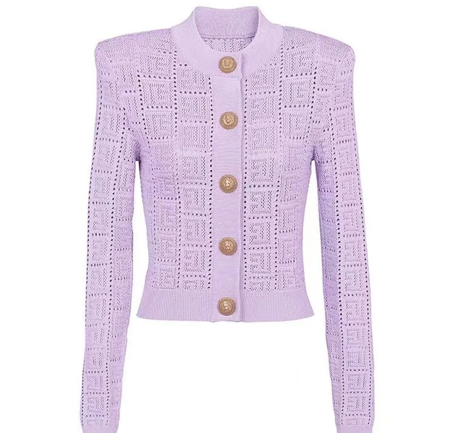 Neue Luxus-Designer-Strickjacken für Damen, ausgehöhlt, lila Farbe, weiße Pullover mit Knöpfen, lässige Slim-Fit-Strickmäntel für Damen mit Rundhalsausschnitt für Mädchen