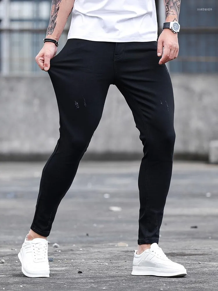 Men's Jeans 2023 Men Tight Denim Trousers Scratches Black Elastic Slim Small Foot Pants Motorcycle Sports Street Casual Character