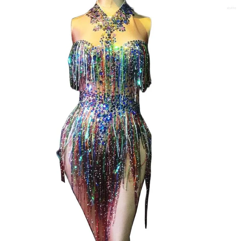 Stage Wear Glitter Strass multicolori Senza maniche Halter Donna Body Frange colorate Tute attillate elasticizzate Pagliaccetto da discoteca