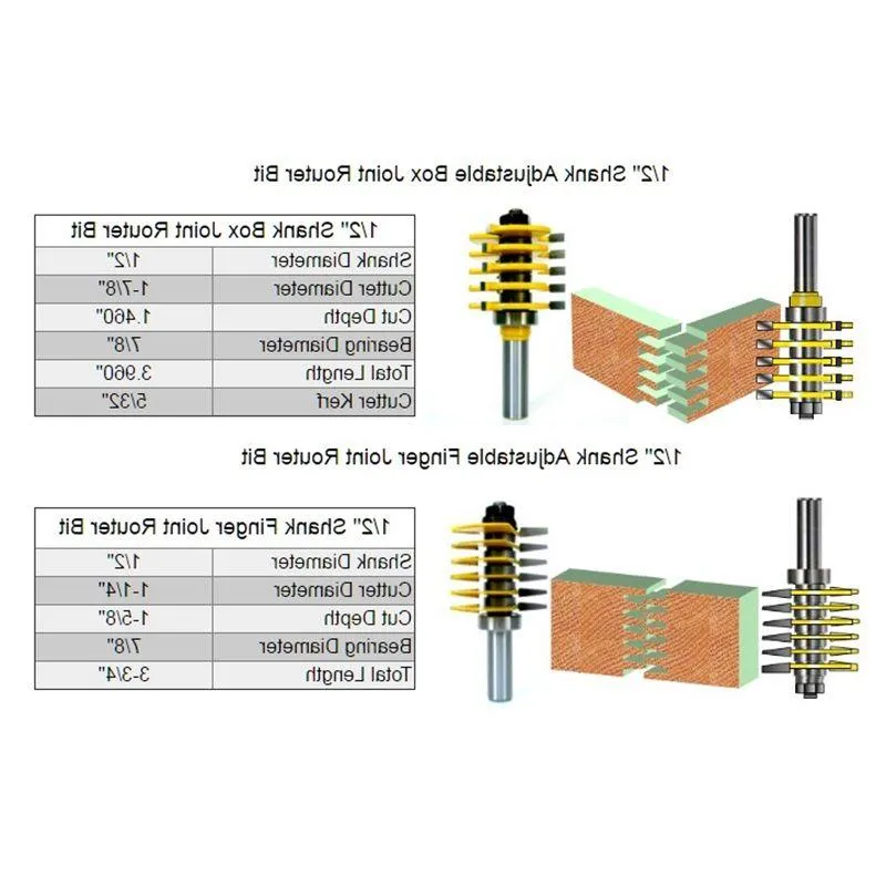 フリーシッピング2pc 1/2インチシャンク調整可能なボックスフィンガージョイントルータービットセットC3チップ木切削工具木工ルータービットjgvae