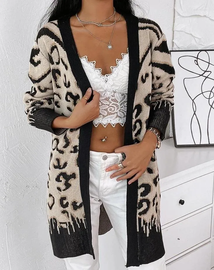 Kvinnors stickor Cardigan för kvinnor Casual Long Sleeve Leopard Print Open Front Longline Knit Caots 2023 Autumn Clothing Fashion Outerwear Top