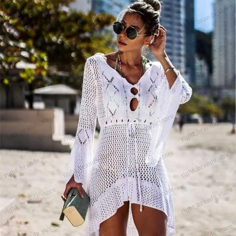 Abiti casual New Beach Cover Up Crochet per le donne Lavorato a maglia Nappa Cravatta Beachwear Moda estiva Costume da bagno Cover Up Sexy Abito da spiaggia trasparente T230412