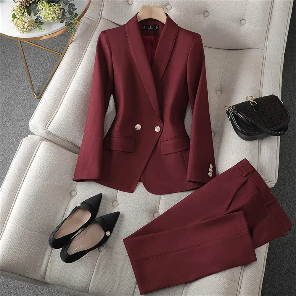 Womens Two Piece Pants Elegant Women Blazer Pant Set Red Orange Black Green Jacket Trouser 2 Set Formal Office Lady Wear Business Suits 231110