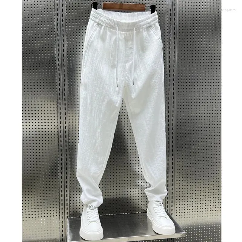 Men's Pants Summer Korean Casual For Man Small Foot Cotton Baggy Solid Color Haren Straight Nine Points Homme