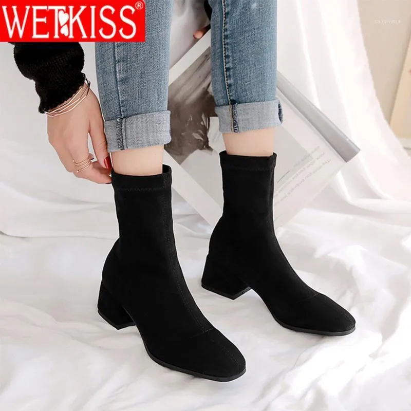 Boots Wetkiss Stretch Flock Sock مرنة النساء الجوارب الكاحل الصلبة مربعة إصبع القدم مكتنزة مكتنزة ضئيلة من جلد الشتاء 2023