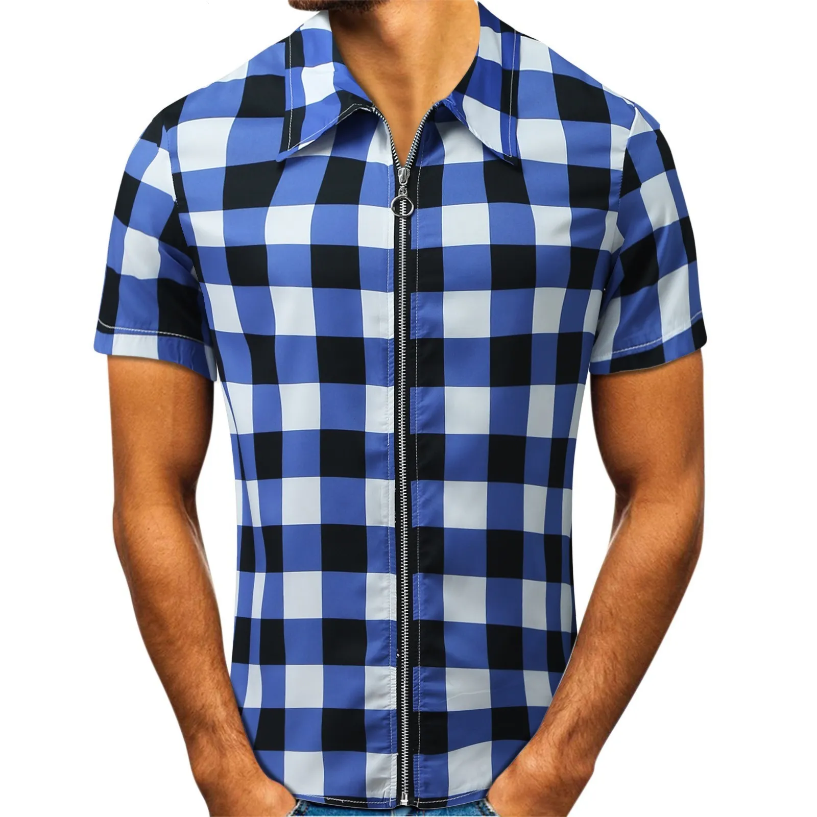 Camisas informales para hombre Camisa lisa para hombre, cuello de verano, camiseta de manga corta para hombre, cárdigan informal con cremallera para hombre, ropa de trabajo ajustada 230412