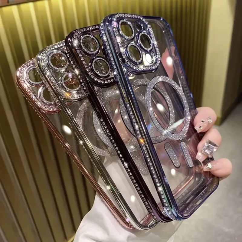 Роскошный блестящий прозрачный чехол с беспроводной зарядкой для iPhone 14 13 12 15 Pro Max Plus с магнитным бампером и бриллиантами