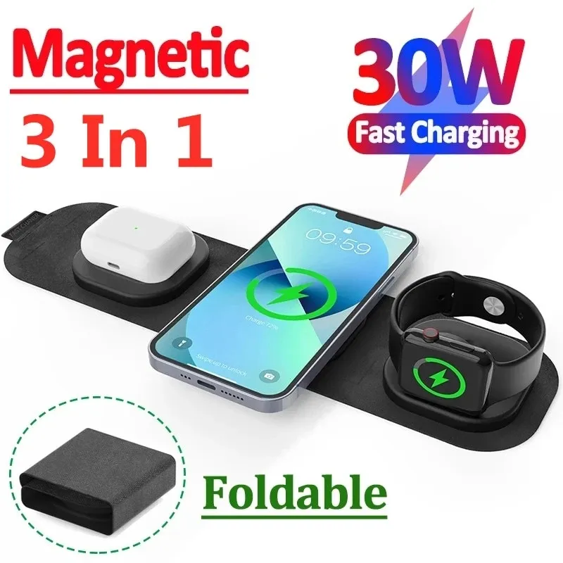 15W 3 em 1 Magnetic Wireless Charger Pad para iPhone 14 13 12 11 Apple Watch 8 7 6 AirPods qi dobrável estação de dock de carregamento rápido