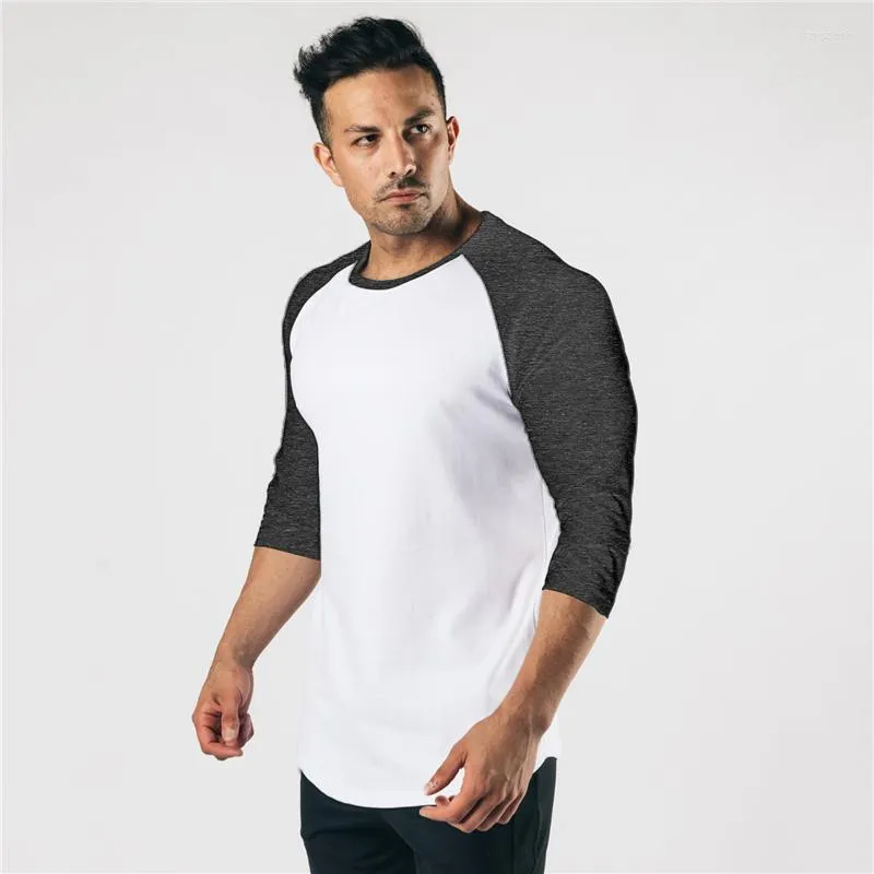 Herren T-Shirts Herbst Herrenmode Dreiviertel Ärmel Fitness T-Shirt Herren Solide Patchwork Oansatz Gym Male Slim Fit T-Shirt