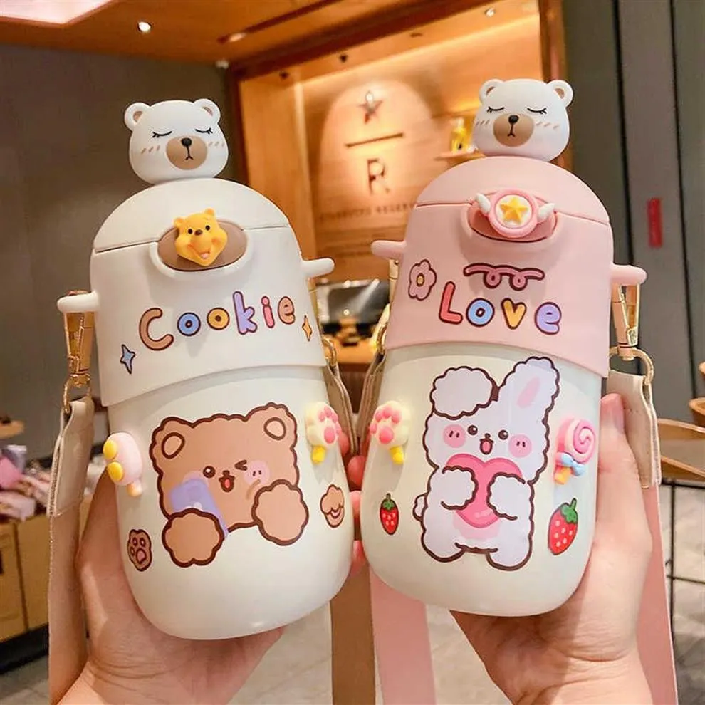 500 ML Kawaii Bear Thermos Bottle Cute Kids Straw Water Bottle Insulated Stainless Steel Student Girls Thermal Drink Bottles 21101260u