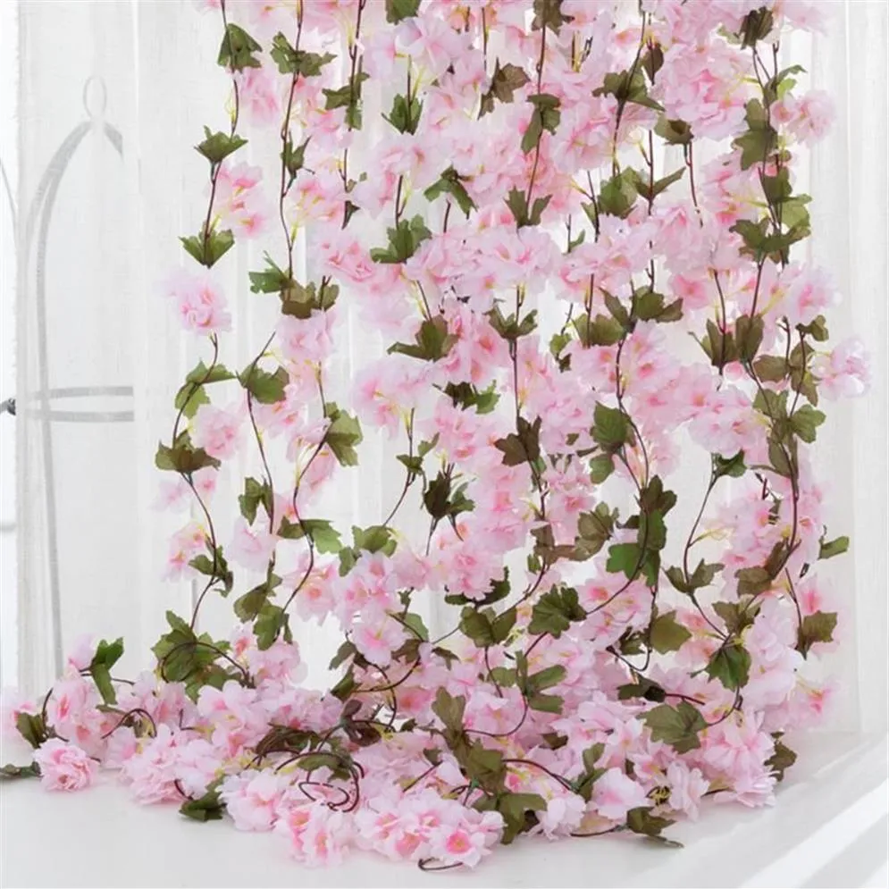 210cm Silk Sakura Simulation Cherry Blossom Flower Vine Wedding Decoration Layout Home Party Rattan Wall Hanging Garland Wreath De3304