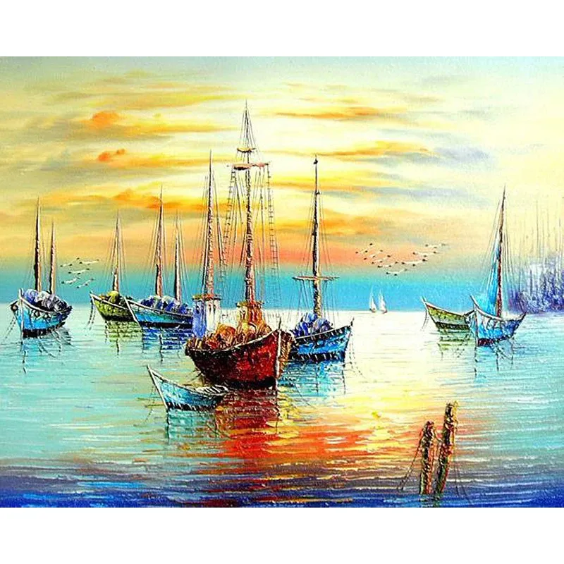 Modern Seascape Wall Art Oil Painting on Canvas Sunsent Boat Decorative Picture for Study Room Home Decor Hand Painted No Frames