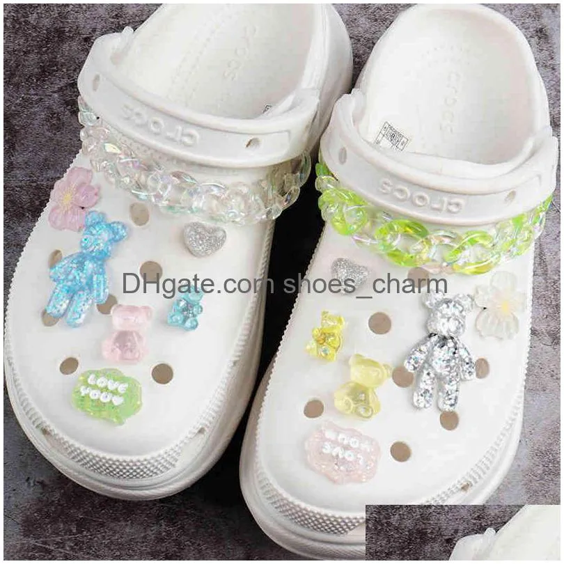 Schoenonderdelen accessoires transparante glitterbeer charmes ontwerper diy kleur ketting schoenen decaratie voor croc jibbits verstopt kinderen jongen w dhpdb