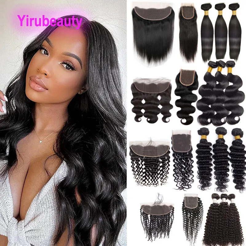 Yirubeauty Peruvian 100% Human Hair Double Wefts With 13X4 Lace Frontal Straight 4X4 Closure Free Part Natural Color 4 PCS