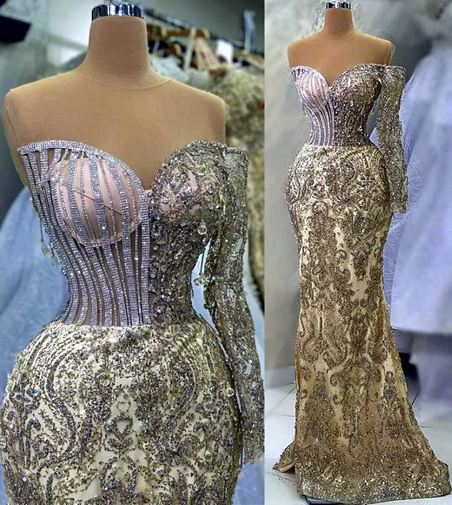 2023 April Aso Ebi Mermaid Gold Prom Dress Beaded Crystals Luxurious Evening Formal Party Second Reception Birthday Engagement Gowns Dresses Robe De Soiree ZJ5150